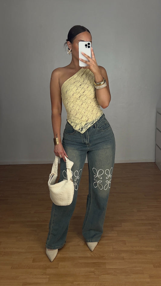 Top asymétrique dentelle - jaune