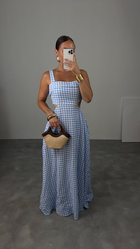 Robe longue vichy - bleu ciel
