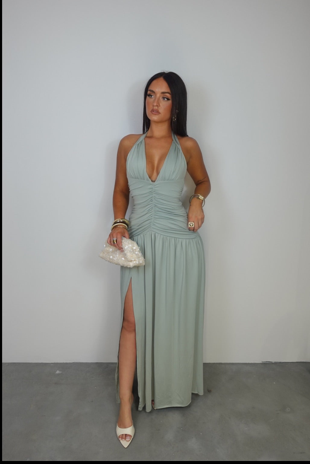 Robe longue froncée - vert sauge
