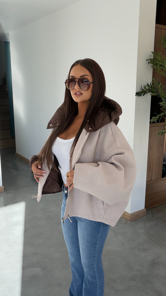 Manteau bi matière - crème et chocolat