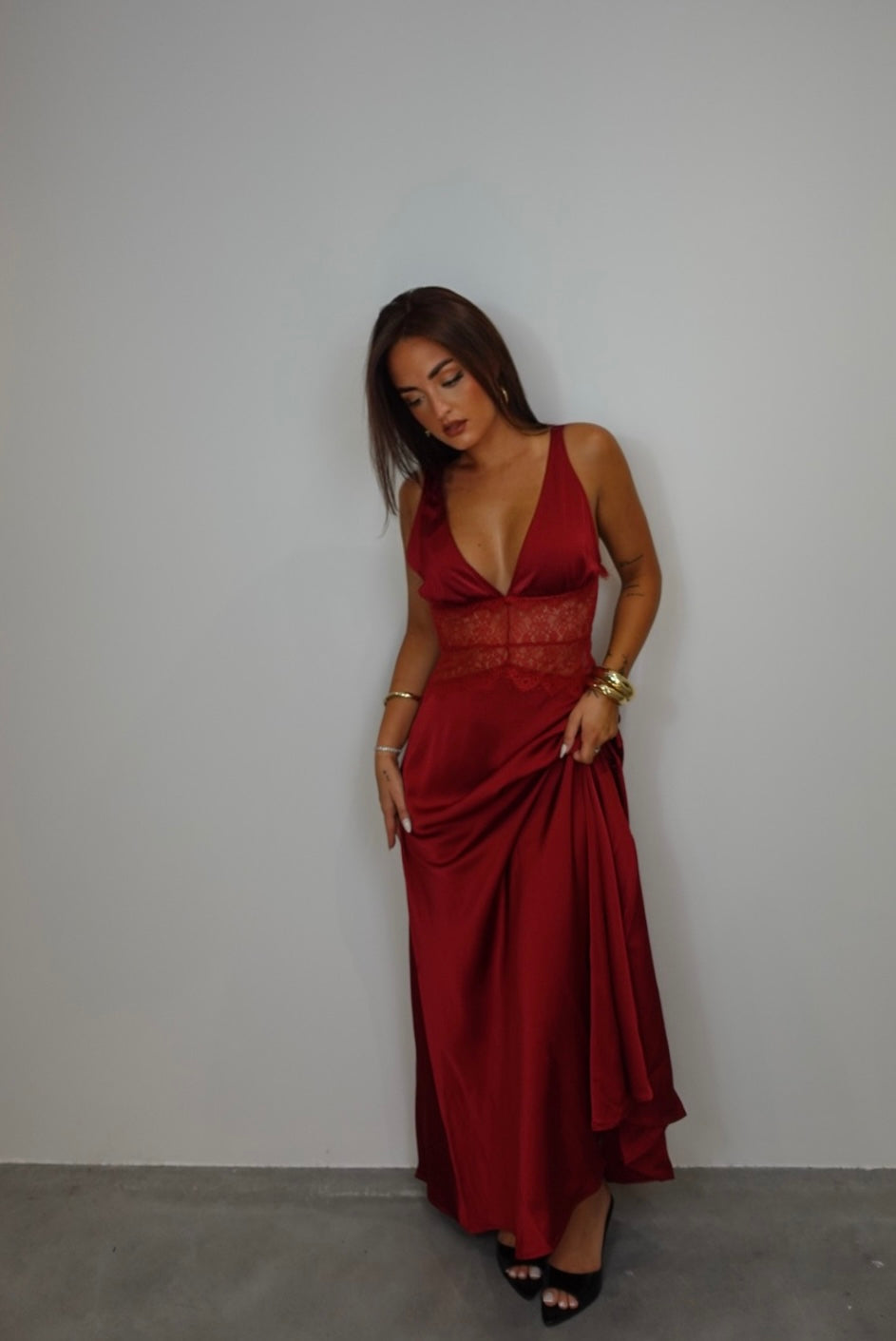 Robe satinée dentelle - rouge