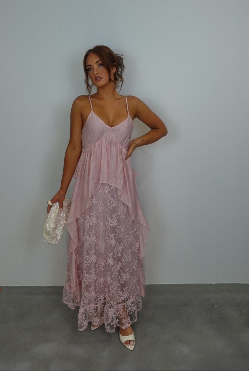 Robe longue bohème dentelle - rose