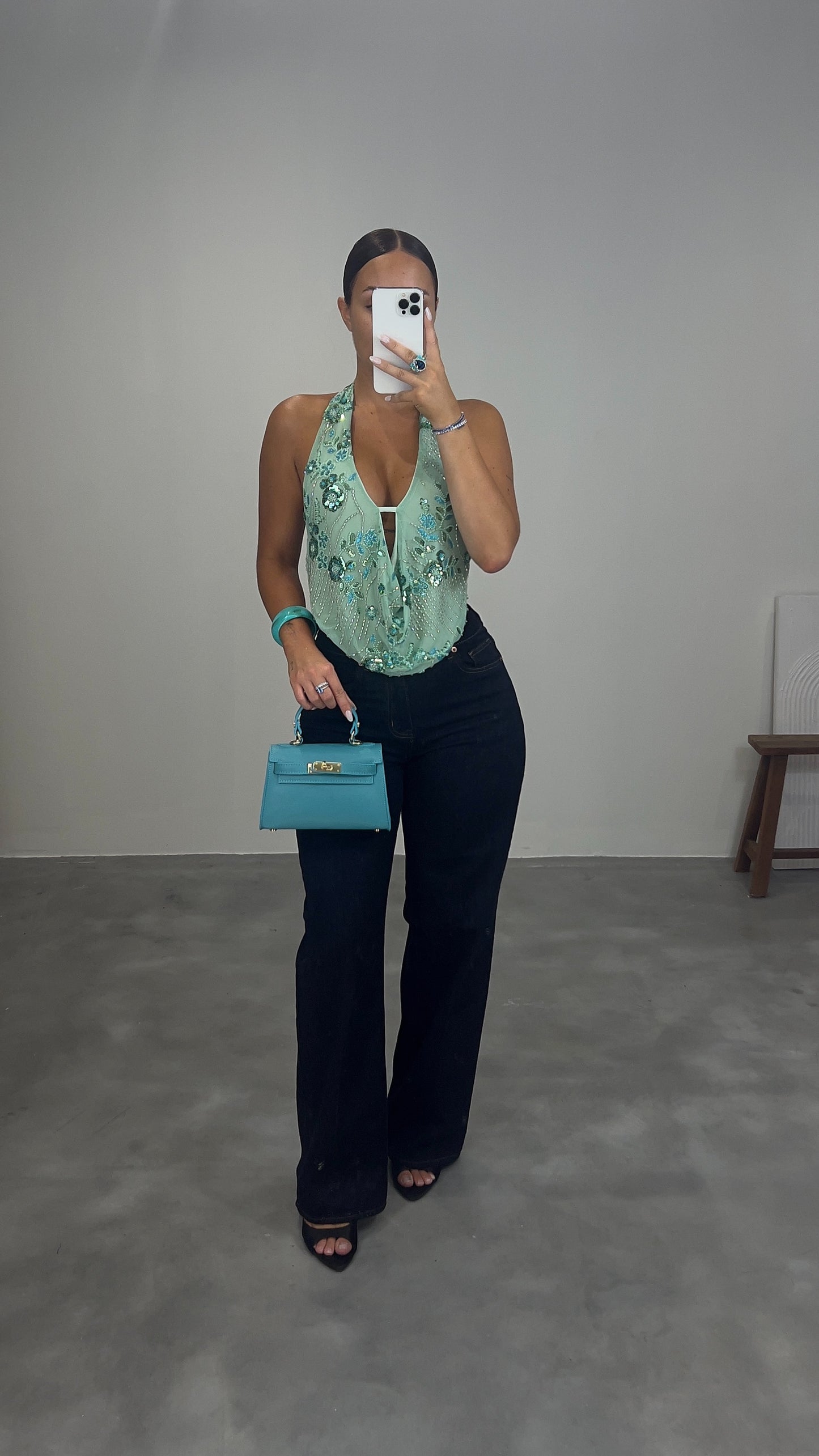 Top à strass fleuri - vert