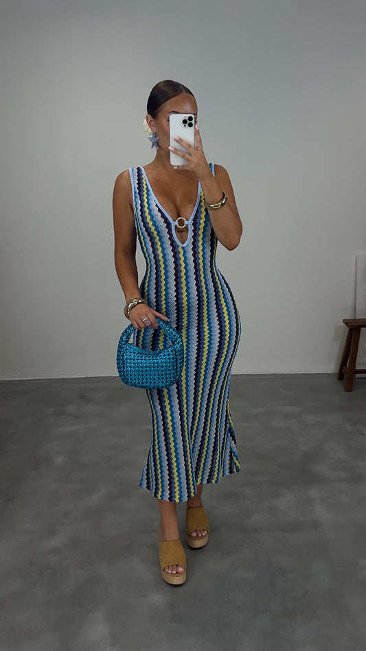 Robe maille rayée - turquoise