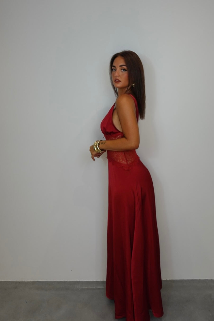 Robe satinée dentelle - rouge