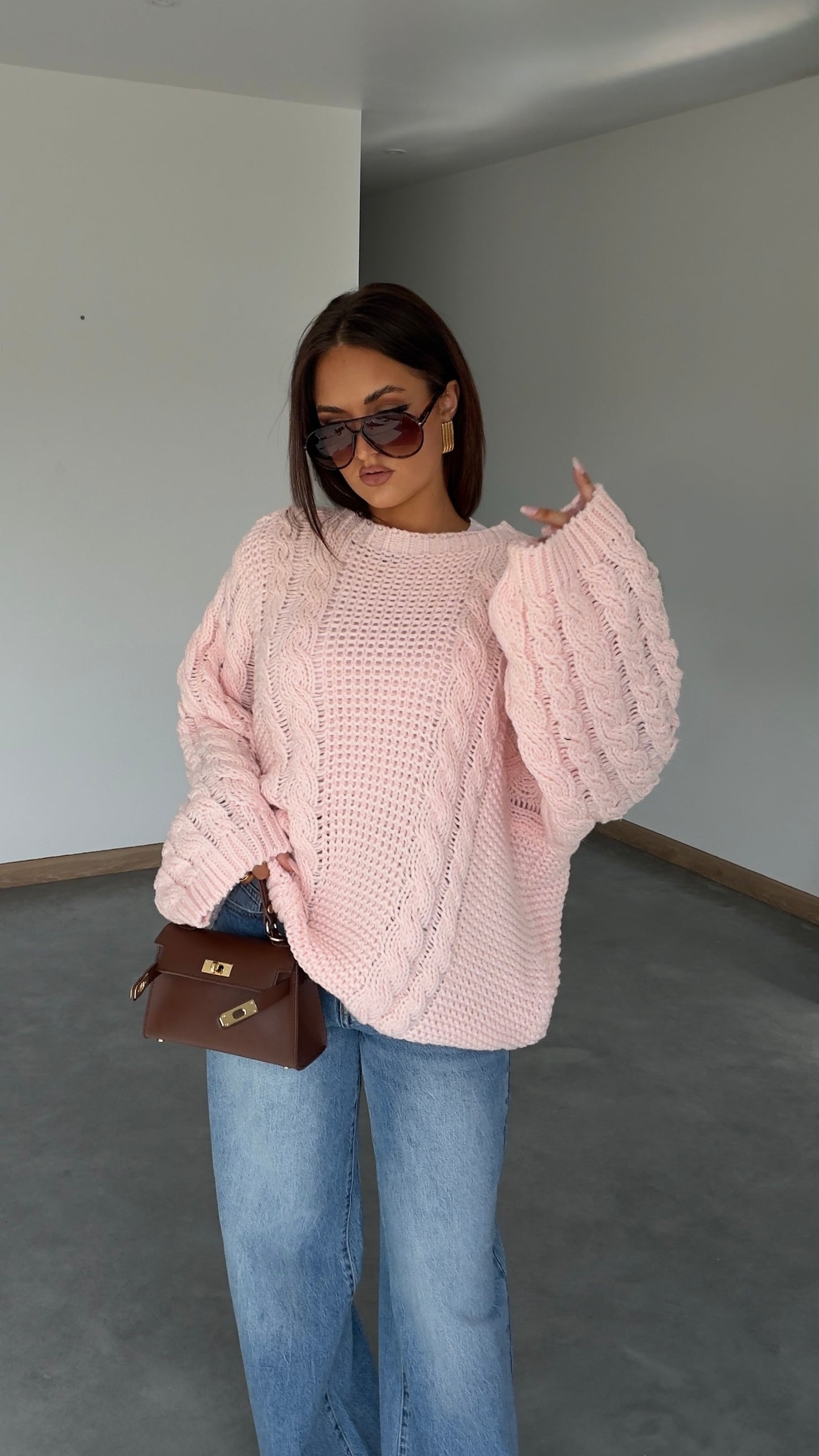 Pull tressé - rose poudré