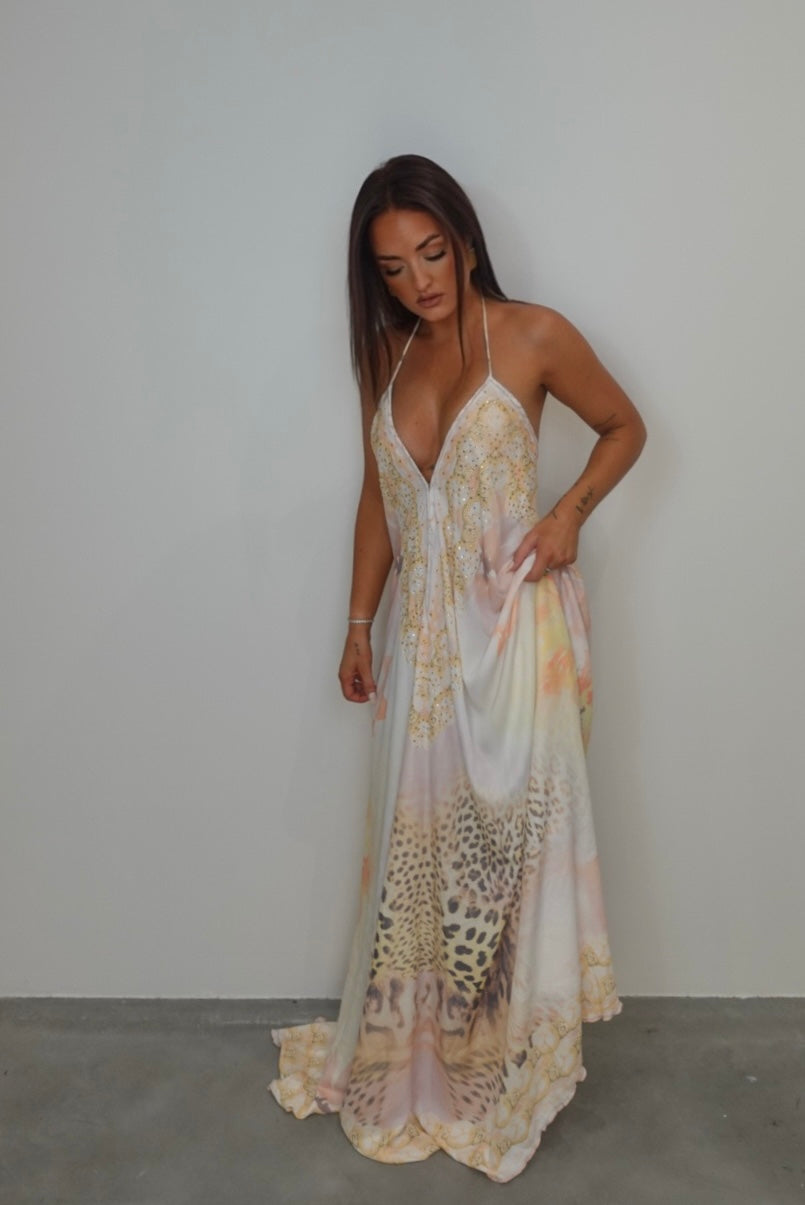 Robe bohème dos nu - jaune et beige