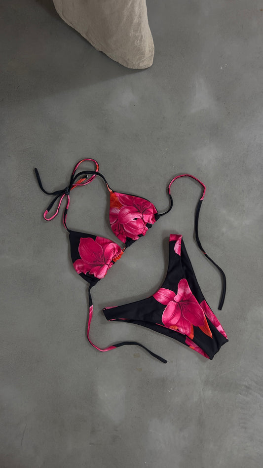 Maillot de bain 3 pièces fleurs - noir